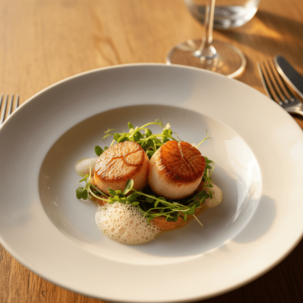 Seared scallop appetizer with microgreens and citrus foam