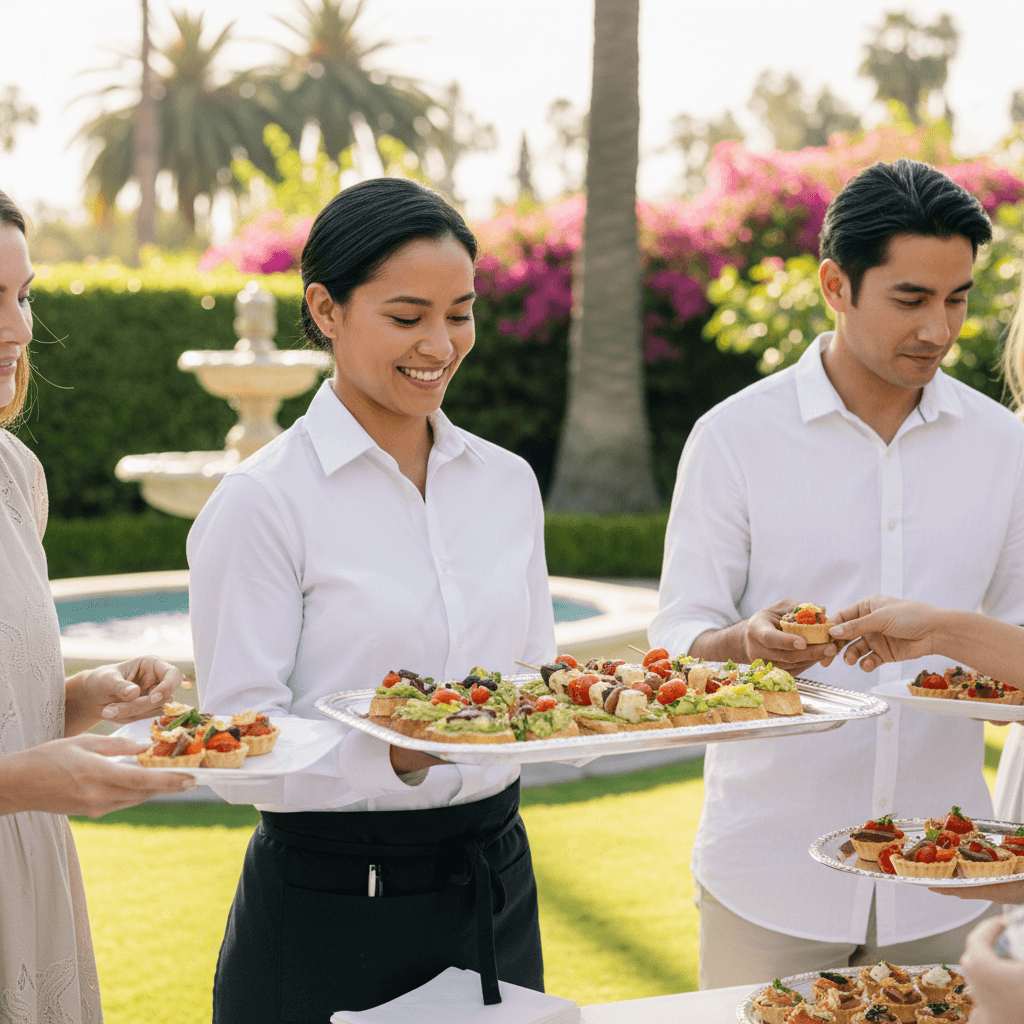 Server presenting catered appetizers to guests at outdoor event