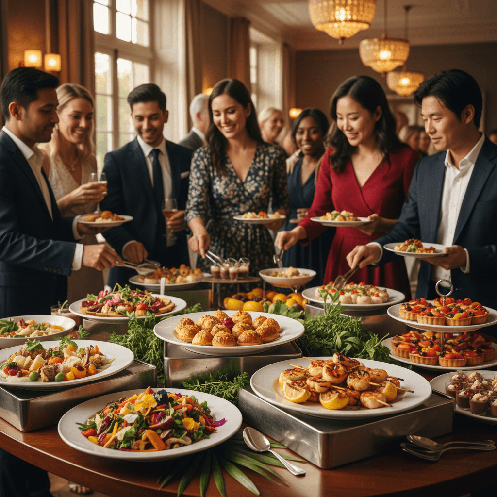 Guests enjoying beautifully presented buffet-style catering spread