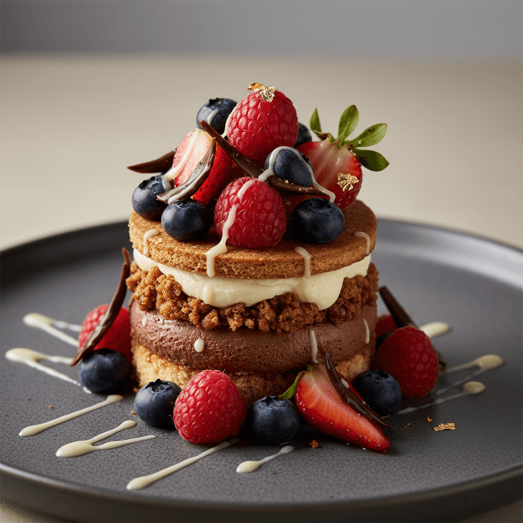Intricate plated dessert with berries and chocolate details