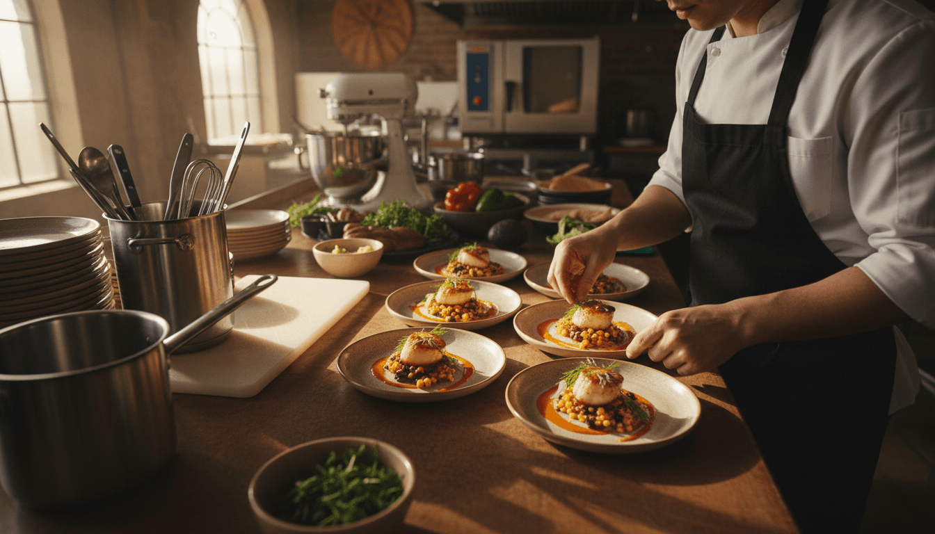 Azzenes LLC team carefully plating and garnishing catering dishes with fresh ingredients