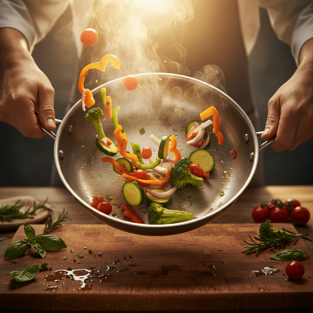 Quality You Can Taste - Chef tossing fresh vegetables in a professional pan