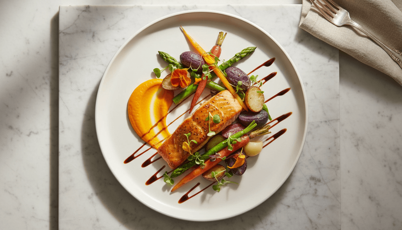 Beautifully plated catering dish with fresh ingredients and professional presentation