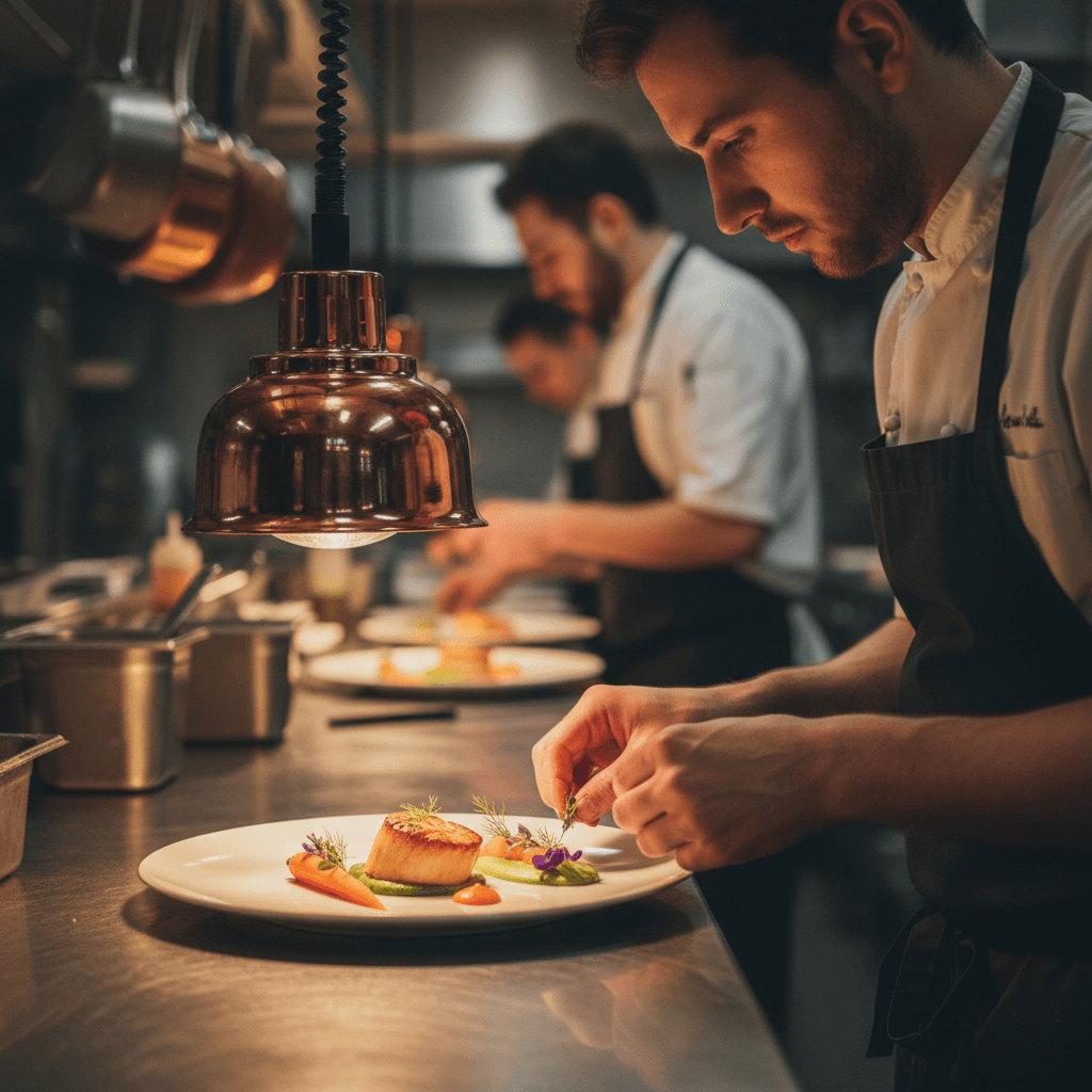 Catering team member plating a dish with precision