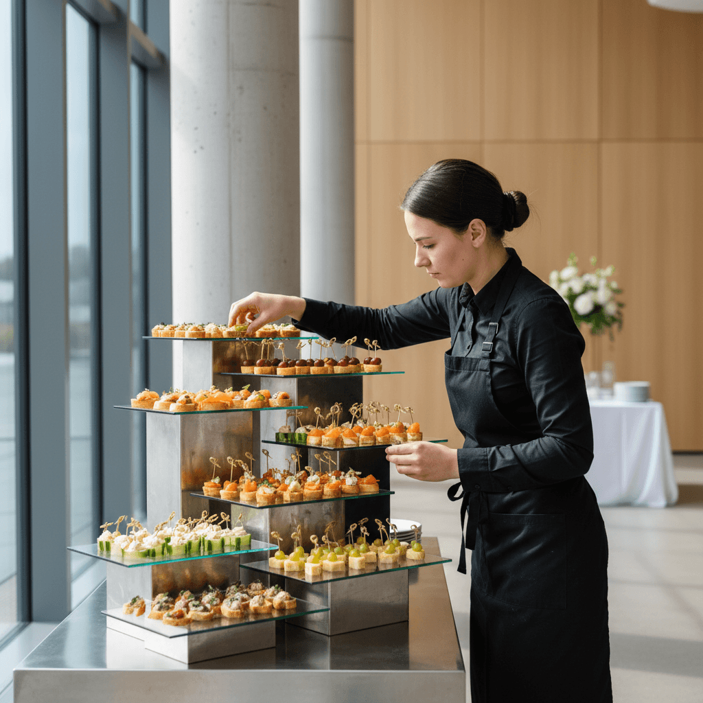 Corporate Events - Professional catering staff arranging appetizers