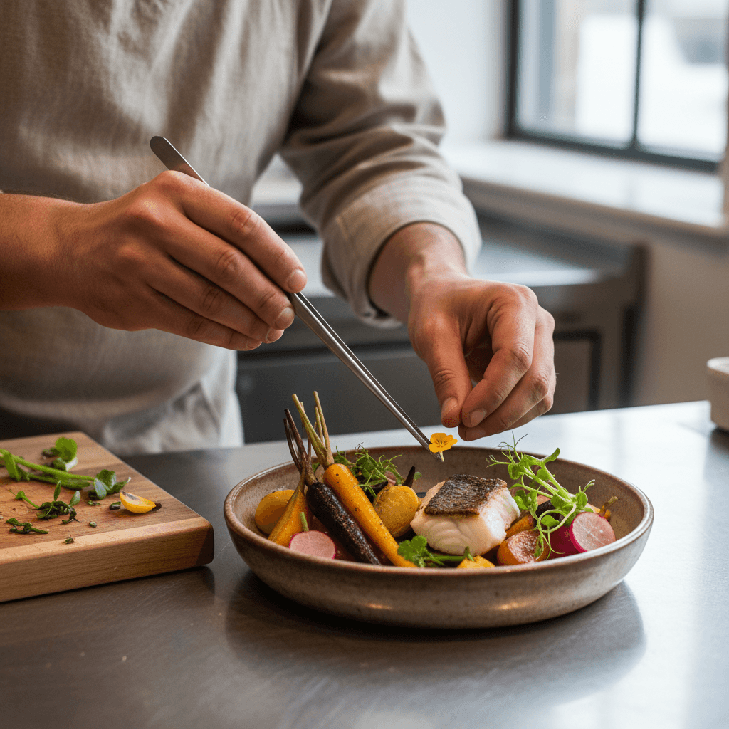 Chef plating colorful composed dish with precision