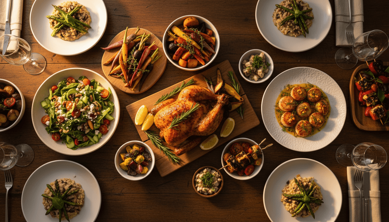 Beautifully plated catering dishes arranged on a table with fresh ingredients and professional presentation