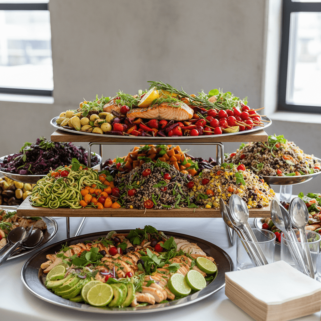 Full catering spread with multiple dishes on display