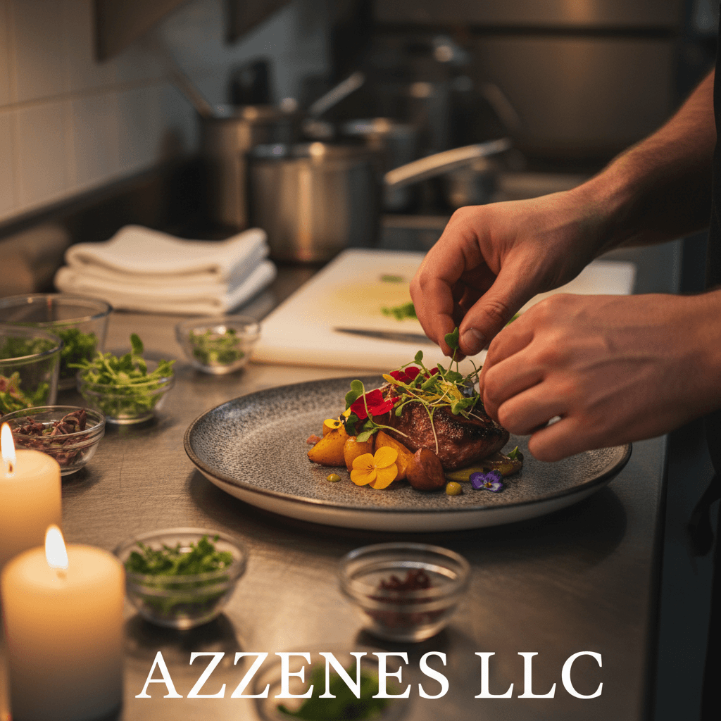 Chef hands carefully garnishing a finished plate
