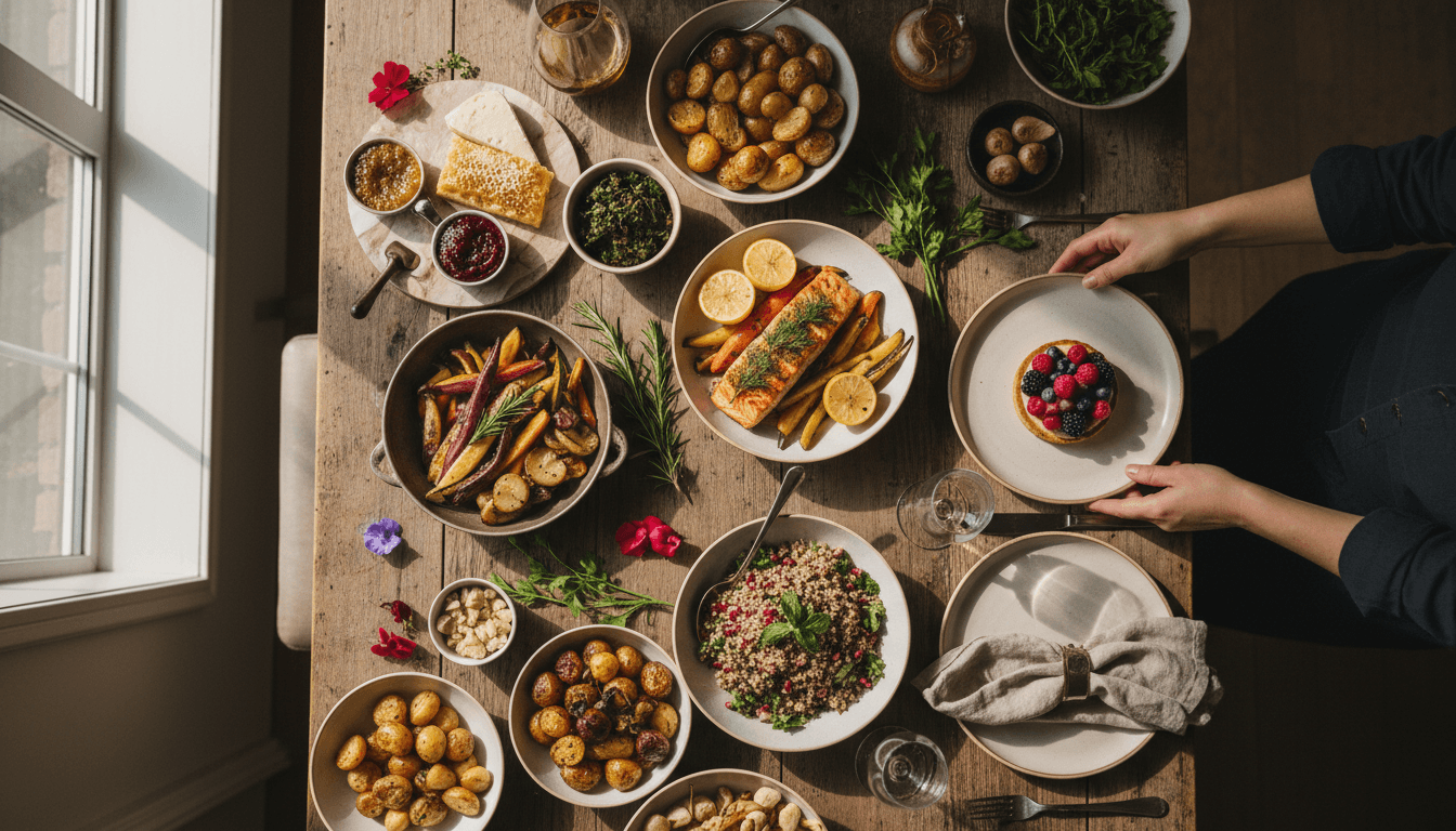Beautifully plated catering spread with fresh ingredients and careful presentation